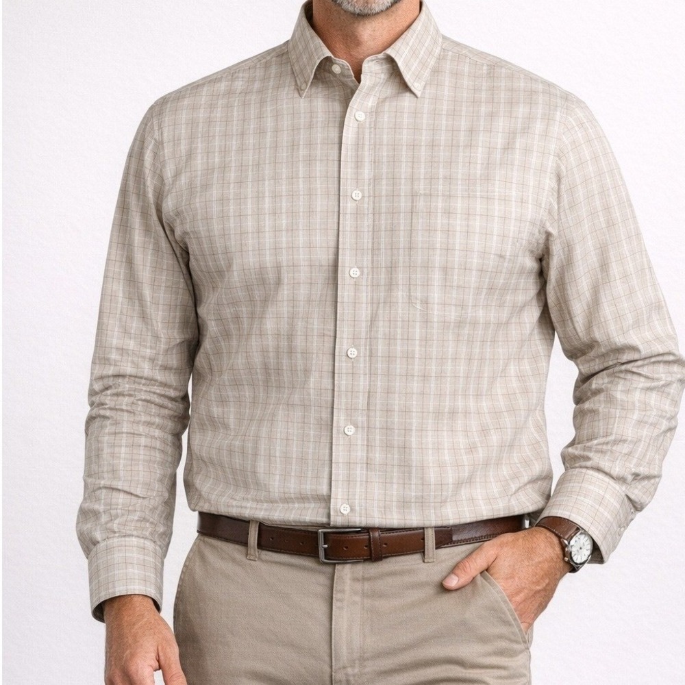 Pronto Uomo Mens XXL Tan Plaid Non-Iron Cotton Long Sleeve Dress Shirt Button Up